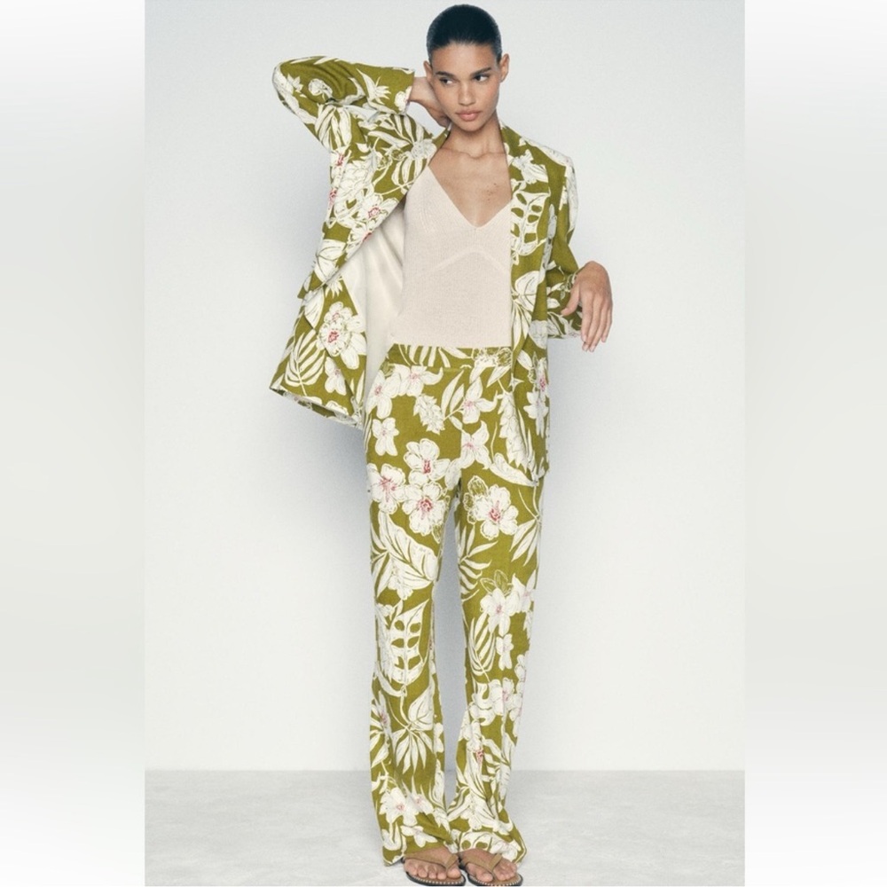 ZARA 2 PIECES MATCHING SET LINEN BLEND NWT FLORAL PRINT BLAZER AND PANTS
